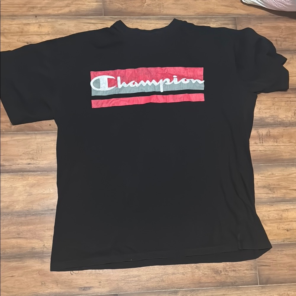 Champion Men's Black T-Shirt with Red and Gray Logo